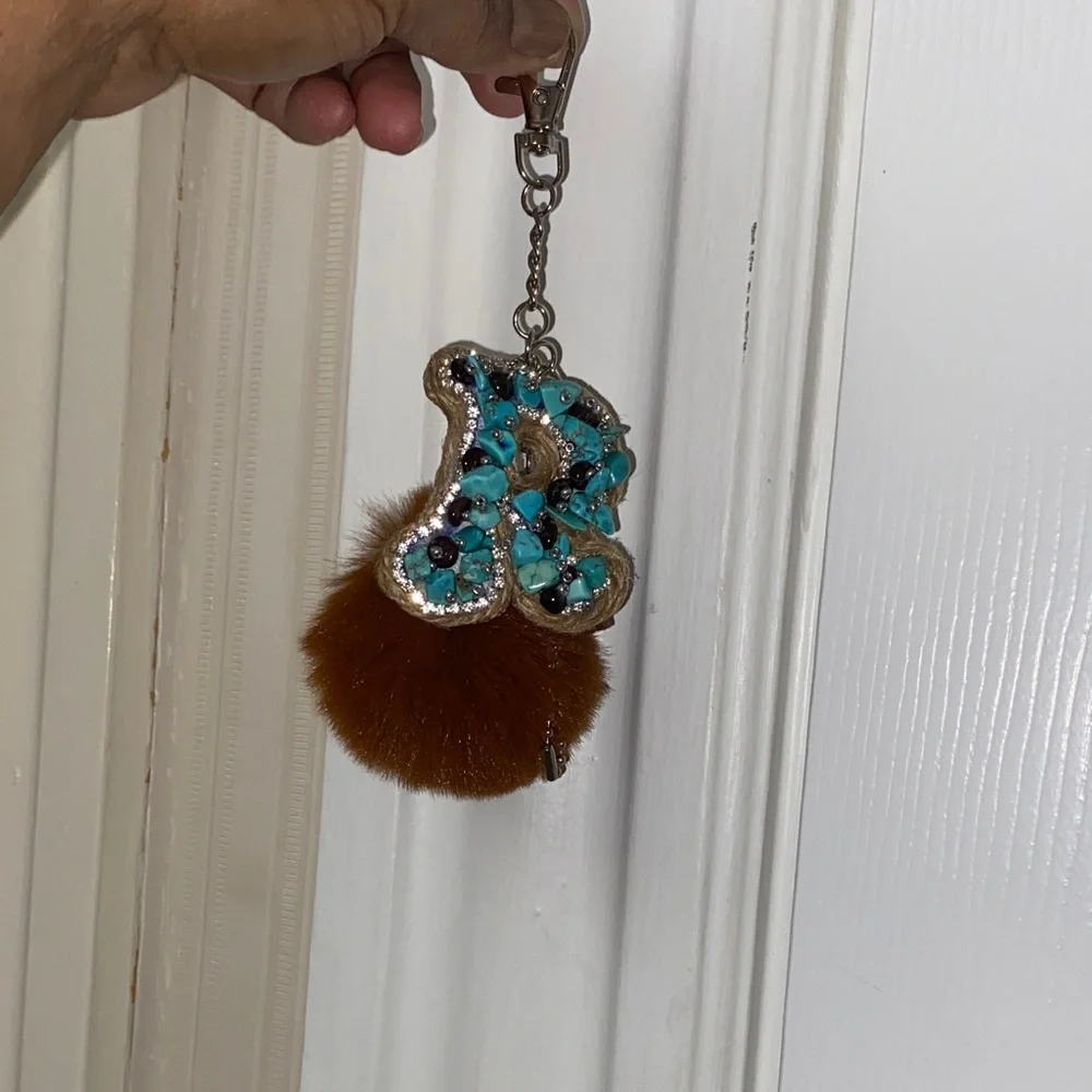 Purse charm Keychain with Leather B Brown pom pom purse charm
